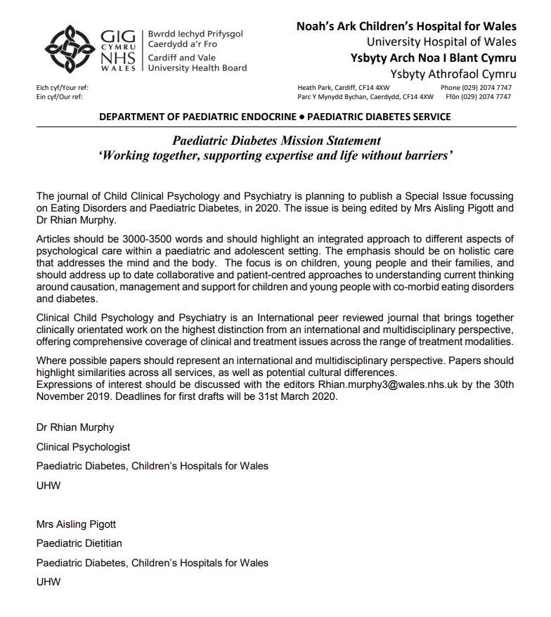 YADiabetesWales's tweet image. Calling for papers for the attention of HCPs who work in paediatrics and have hollistic care approaches for those with diabetes and eating disorders - please see attachment for more information. ☺️ #T1ED
