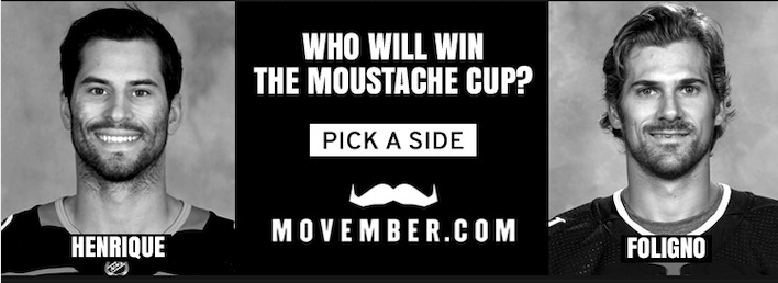 MovemberCA's tweet photo. Moustache Cup Alert: The first 50 people to donate $50 to @marcusfoligno17   (https://t.co/RxVronz69M) or @AdamHenrique (https://t.co/zv2Rhd9E5Q) after 10pm EST will receive a signed puck from that captain. Learn more about the #MoustacheCup2019 here: https://t.co/dVvo45u7Qi @NHL https://t.co/xZjGNyBXPv