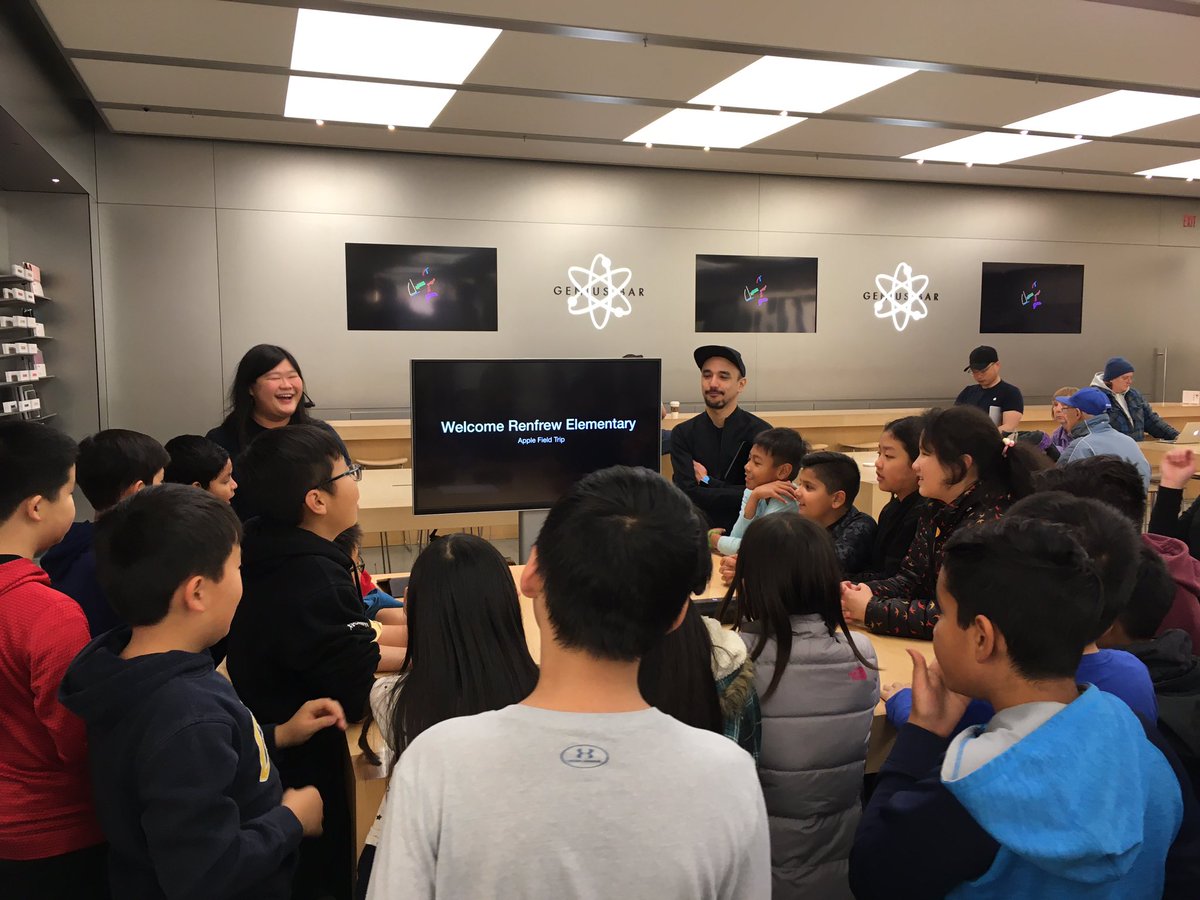 TseJeff's tweet image. Day 28: Field trip to the Apple store today!
Division 4 learned all about iMovie! From shooting techniques to editing videos. It’s perfect for our upcoming Kindness Project with our buddy class. LIGHTS CAMERA ACTION! 🎬 @renfrewschool @VSB39 #handsonlearning #learningwithtech