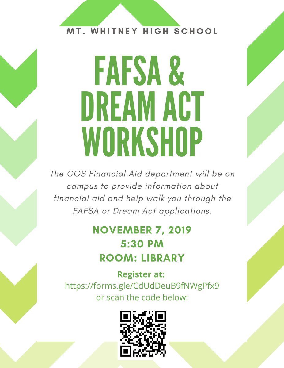 Hey Seniors! Going to College? Need to know how financial aid works? Come on out Nov. 7 at 5:30 to MW Library for this great workshop! Register at forms.gle/CdUdDeuB9fNWgP…