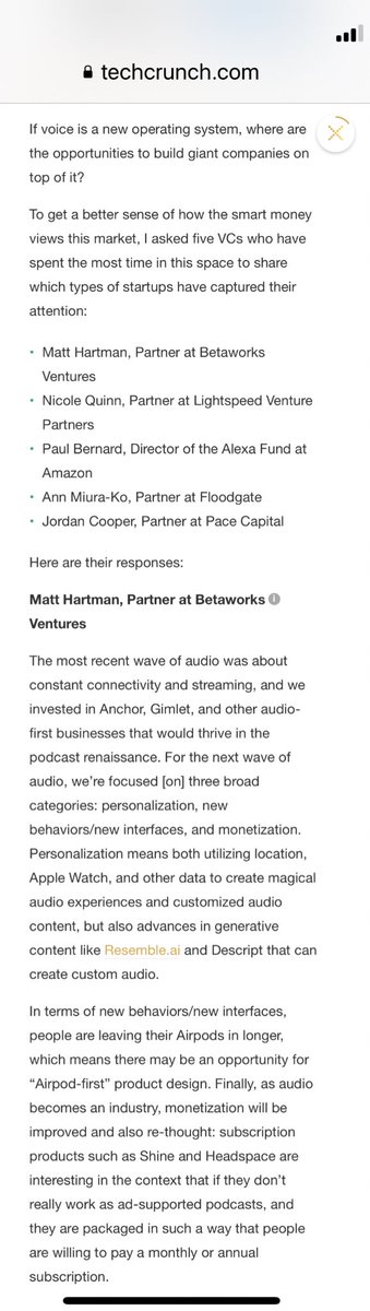  “If voice is a new operating system, where are the opportunities to build giant companies on top of it?”  @epeckham of  @TechCrunch answers this by talking to five top VCs investing in this space, including  @MattHartman,  @annimaniac & otherd:  https://techcrunch.com/2019/11/04/top-vcs-on-voice/