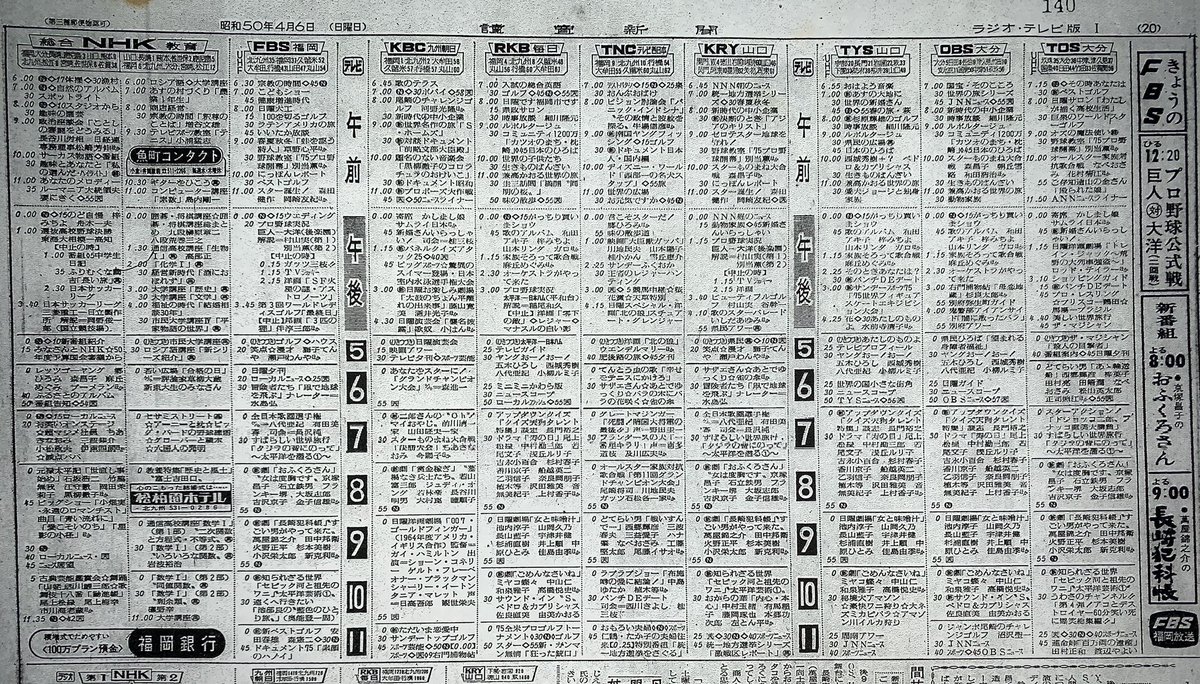 川口 将 かわぐち まさし ラジオネームは愛媛のかわぐち 懐かしの番組表 1975 昭和50年４月６日 日 福岡 山口と大分県 大阪地区のネットチェンジ後初の日曜日 Kbcはすっかりabc色になっている感が しかしびっくりしたのはサザエさんが日テレ形