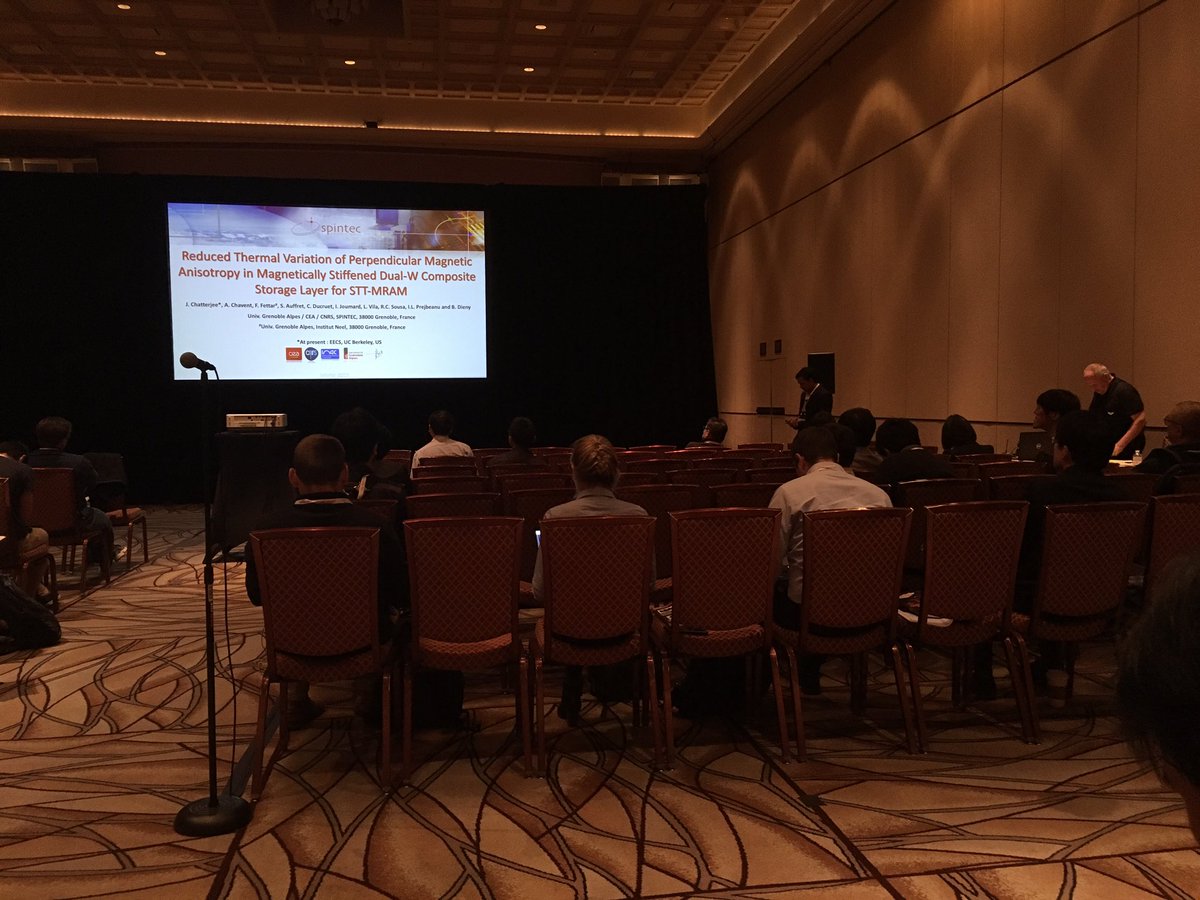 SPINTEC_Lab's tweet image. Busy day for #Spintec researchers with 3 oral talks during the 2nd day of the MMM conference in Las Vegas: 
- Jyotirmoy on improved MRAM stacks, 
- Thomas on Large unidirectional Rashba MR in Ge(111) and 
- Ursula on RF systems for wireless communication and signal processing