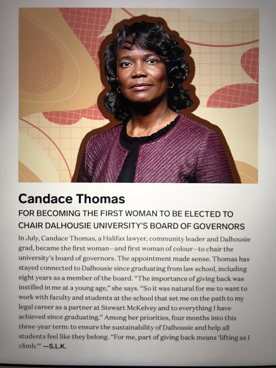 Congratulations to my <a href="/SM_Law/">Stewart McKelvey Law</a> partner and dear friend Candace Thomas - named one of <a href="/Chatelaine/">Chatelaine</a> magazine’s “13 Women Who Rocked 2019”! #soproud