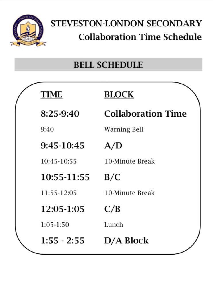 StevestonLondon's tweet photo. REMINDER: It's Collaboration Day on November 6th. Alternate bell schedule in effect. First class begins at 9:45 AM. #CTDay https://t.co/UlSL4rqxvO