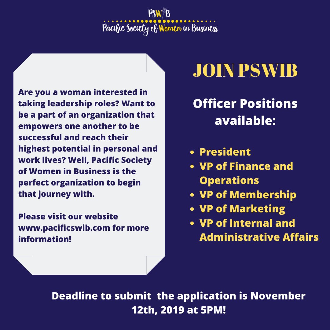 PacificSWIB's tweet image. Officer Positions Applicatoon is LIVE and you can find it in our bio. Due date is on November 12th, 2019!!!