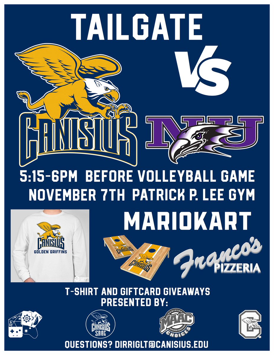 Griff fans we are 2 days out from the MAAC Choices tailgate before <a href="/GriffVolleyball/">Canisius Volleyball</a> takes on <a href="/NiagaraVB/">Niagara Volleyball</a> Make sure to head to the P. Lee Gym before the game!!