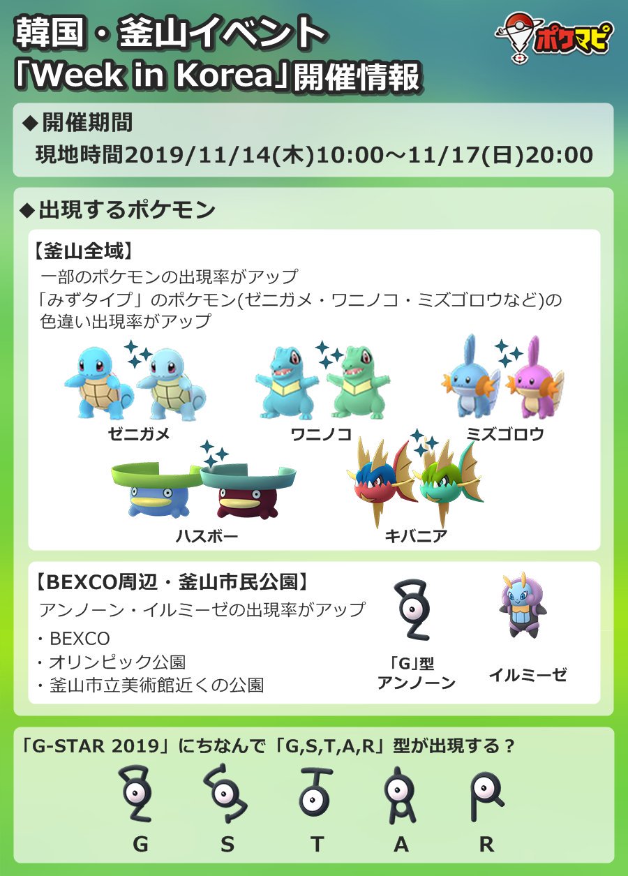 Twitter 上的 ポケモンgo攻略情報 ポケマピ 韓国 釜山イベント 期間 19 11 14 木 10時 11 17 日 時 釜山全域 一部ポケモンの出現率up みずタイプのポケモン ゼニガメ ワニノコ ミズゴロウなど の色違い出現率up Bexco周辺 釜山市民公園 アンノーン