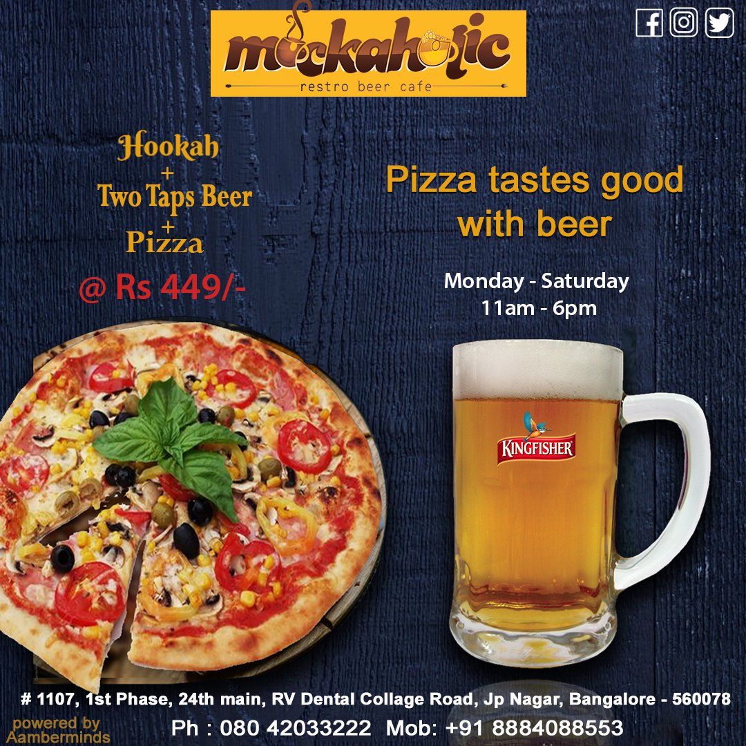 Mockaholic1's tweet photo. Pizza and beer lovers must try this awesome combo at Mockaholic.
#Mokaholic #Beer #Cafe #JPNagar #Draughtbeer #bengalurufoodlovers #beerlovers #foodie #beerstagram #kingfisher #comboffer #pizza #hookha #Shisha https://t.co/rnMD8whQMo