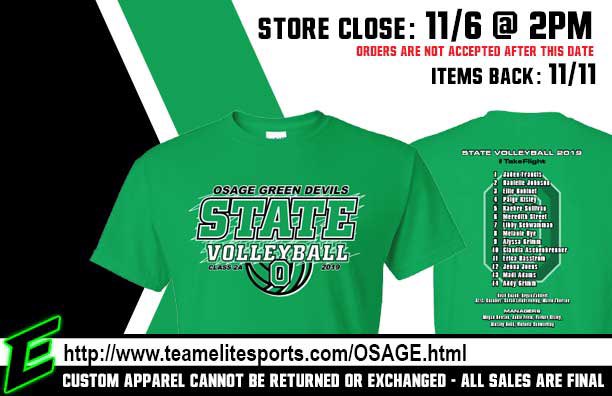 🔥🔥Get your 2019 State Volleyball gear NOW!!!  Deadline is tomorrow @ 2 pm! Don’t miss out! 💚🏐💚  #TakeFlight stores.teamelitesports.com/osage_volleyba…