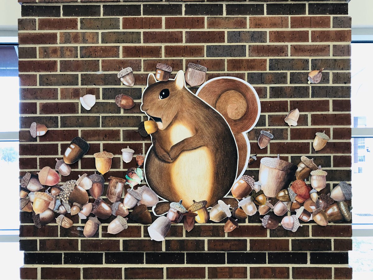 We’re nuts about art! Student acorns and Anna’s 3 foot squirrel! ❤️ #art #artteacher #happyartteacher #coloredpencil