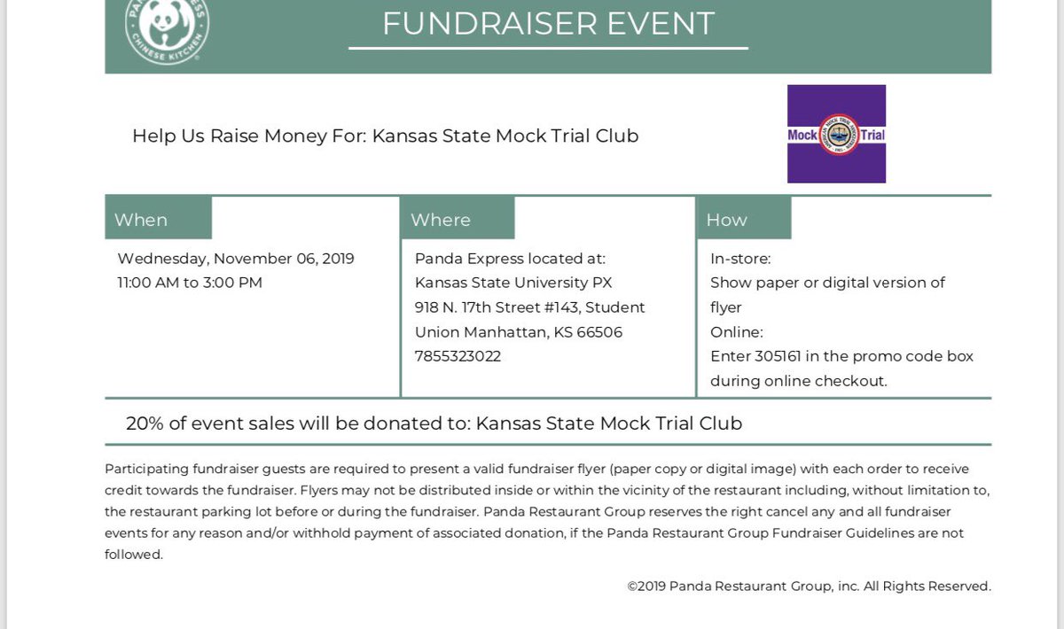 Join us tomorrow, November 6th in the K-State Union 11-3pm to treat yourself to your favorite orange chicken, fried rice, or other specialty from Panda Express.  Show this flyer when you get to the counter and 20% of your sales will go to KSU Mock Trial. RT this post!
🍊🐔🥡⚖️