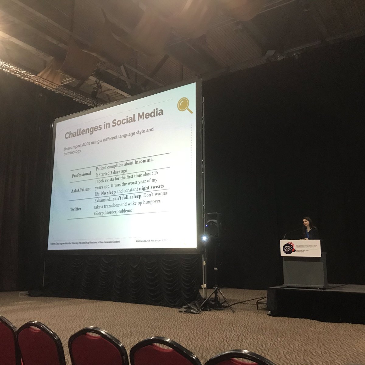 MKrallinger's tweet image. Adverse Drug reaction in user generated content. Problem of handling layman language (informal medical terms), lack of training data, various strategies  #emnlp2019