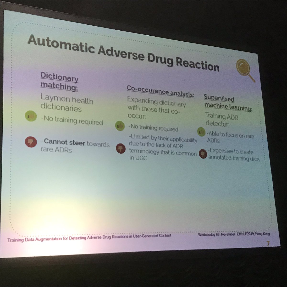 MKrallinger's tweet image. Adverse Drug reaction in user generated content. Problem of handling layman language (informal medical terms), lack of training data, various strategies  #emnlp2019