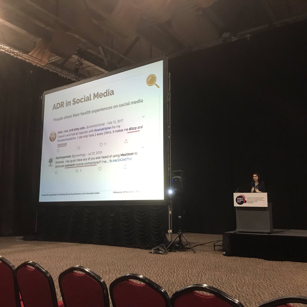 MKrallinger's tweet image. Adverse Drug reaction in user generated content. Problem of handling layman language (informal medical terms), lack of training data, various strategies  #emnlp2019