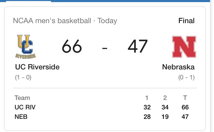UC Riverside men’s basketball with a win over Nebraska. 

Cornhuskers struggle in second half.