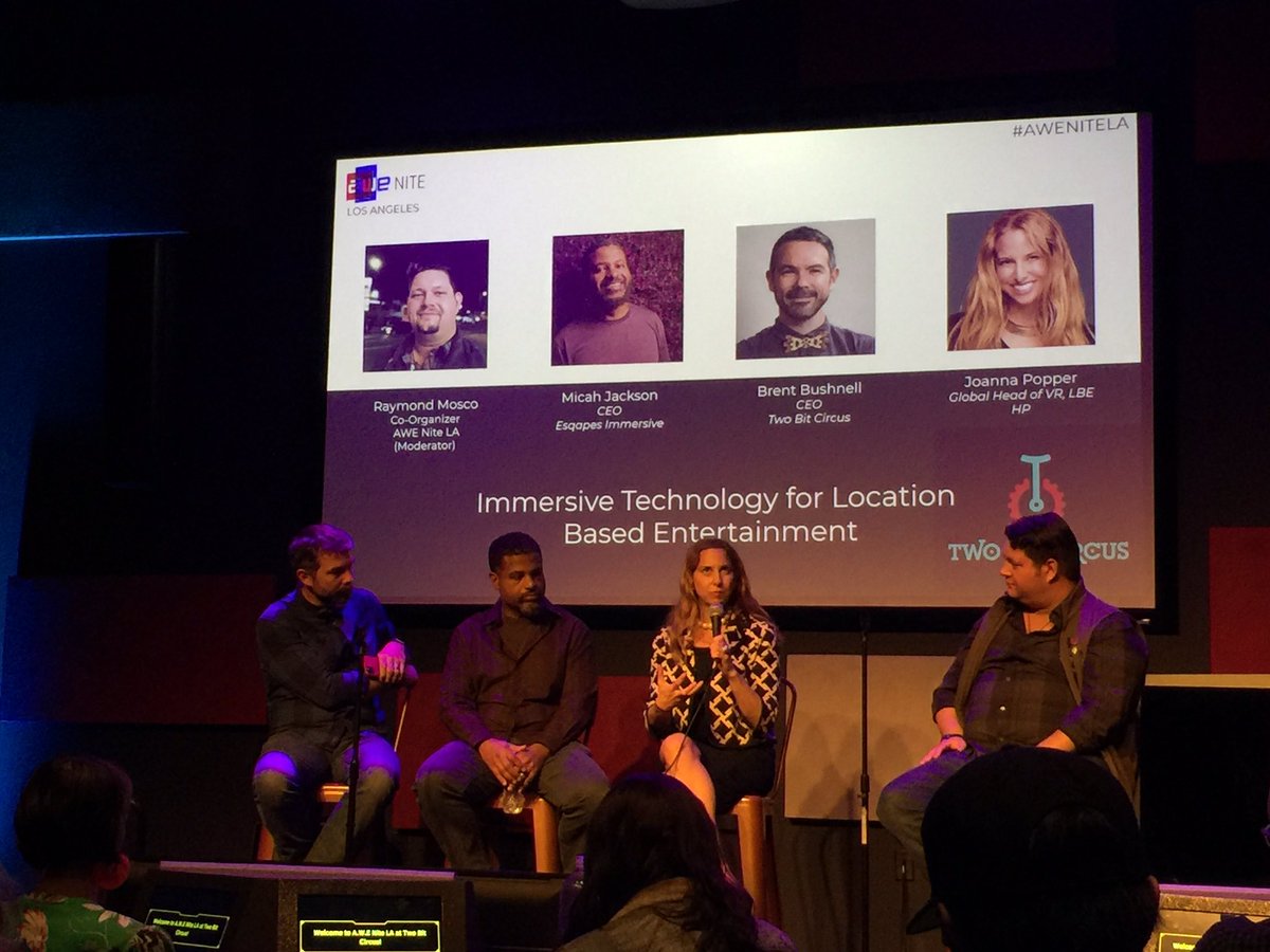 Hanging out at @TwoBitCircus with @stevensato listening to @JoannaPopper @brentbushnell Micah Jackson from @myesqape and @RayMosco According to @JoannaPopper the retention rate of an experience in VR is 75% #AWENITELA