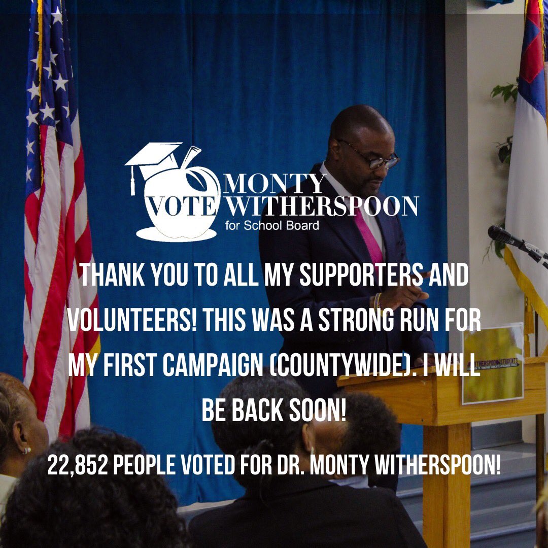 4StudentsCLT's tweet photo. #MoreFromMonty! 22,852 people believe that we can make #EquitableEducationForAll happen in Mecklenburg County! That mission does not stop tonight!
#Witherspoon4Students
#CMSbd
#NCpol https://t.co/cBhXAtpKtW