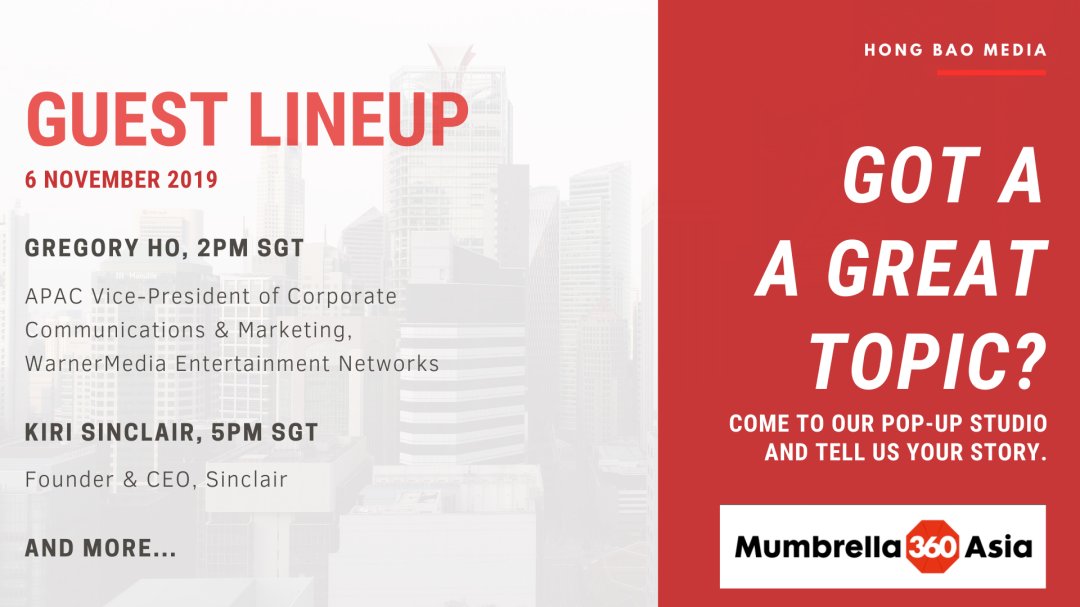 HongBaoMedia's tweet image. Stay tuned for more live interviews with industry guests, right here at our pop-up studio (Booth 6) at Mumbrella360 Asia 2019!

#mumbrella360asia #livewebcasting #livestreaming #communications #contentmarketing #socialmedia #hongbaomedia #goliveorgohome #blackmarketing