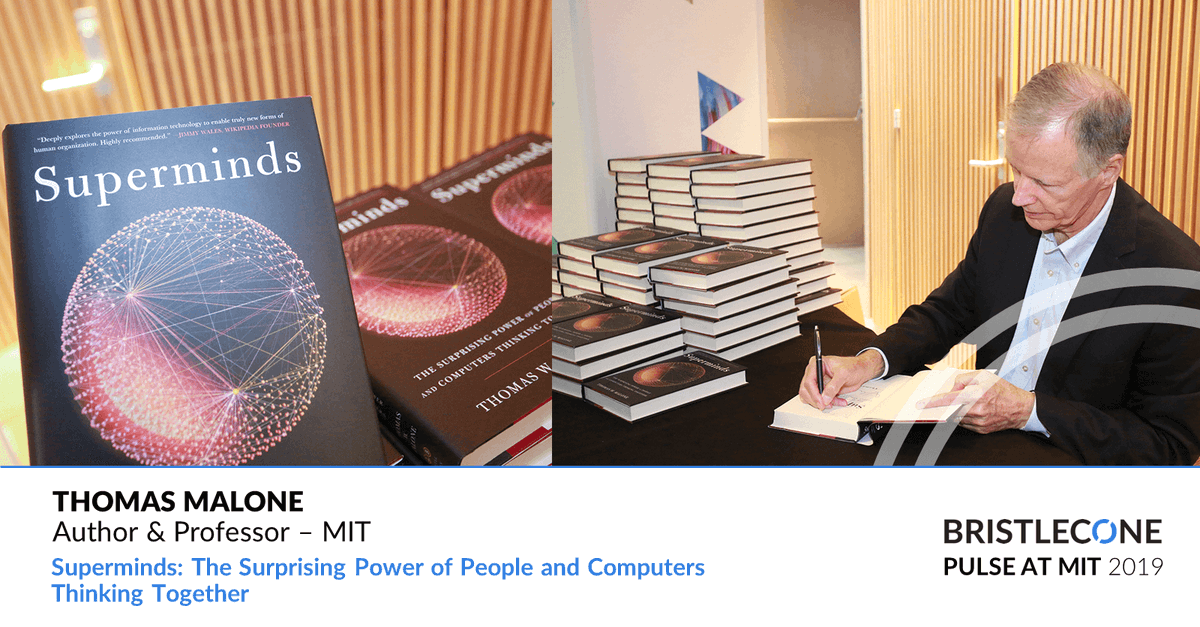 BristleconeSCC's tweet photo. We hope #bconepulse guests are enjoying their autographed copies of Dr. Thomas Malone’s (@twmalone) book. #Superminds, which delves into the concept of #hyperconnectivity,  which was the basis of his presentation during Pulse 2019. Watch presentation https://t.co/trDLUz7wOU https://t.co/e1kbnS041E