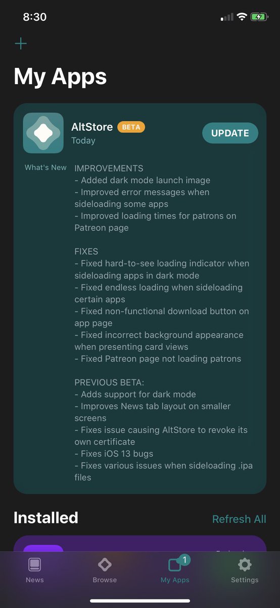 altstoreio's tweet photo. AltStore 1.1 beta 2 now available to all patrons! Mostly focuses on more bug fixes, and assuming everything goes well expect a public release later this week https://t.co/BO4j39pK4s