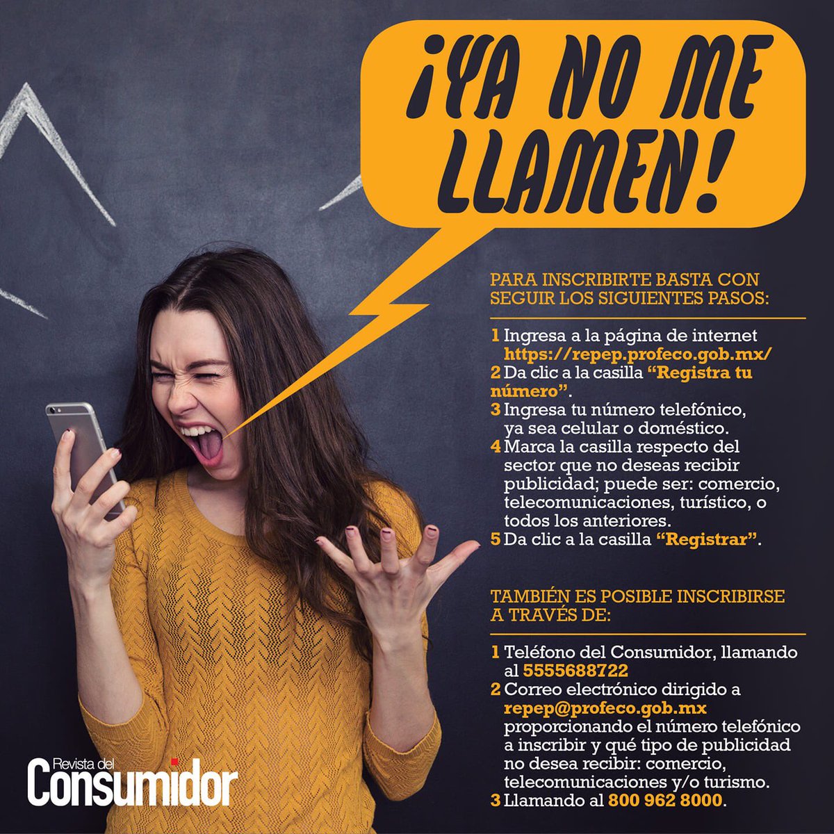Profeco's tweet photo. ¿Estás harto de las empresas que te marcan a diario para ofrecerte diversos productos y servicios? ¡No te preocupes! La #RevistaDelConsumidor te dice lo que tienes qué hacer para inscribirte al #REPEP, y así deja de recibir llamadas y mensajes de texto con publicidad no deseada. https://t.co/adfHlsOpQo