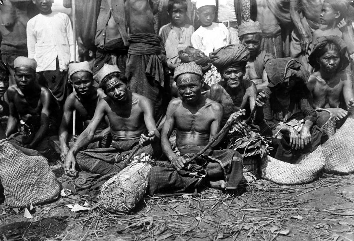 Penjual² tembakau di dataran tinggi Batak, awal abad 20.

Tembakau iris semacam ini selalunya dikunyah dg kapur sirih dan gambir. Dijual per jengkal – itu sebabnya ia dipilin panjang seperti ekor kuda.