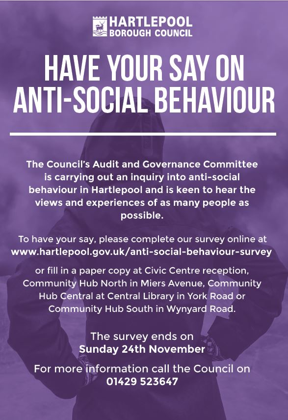 Do you live in Hartlepool? Would you like to share you views &amp; experiences of anti-social behaviour with the council's audit &amp; governance committee? Please complete their online survey, or pop into a local hub for a paper copy, by 24 November.
surveymonkey.co.uk/r/ASBFeedback2…
Read Less