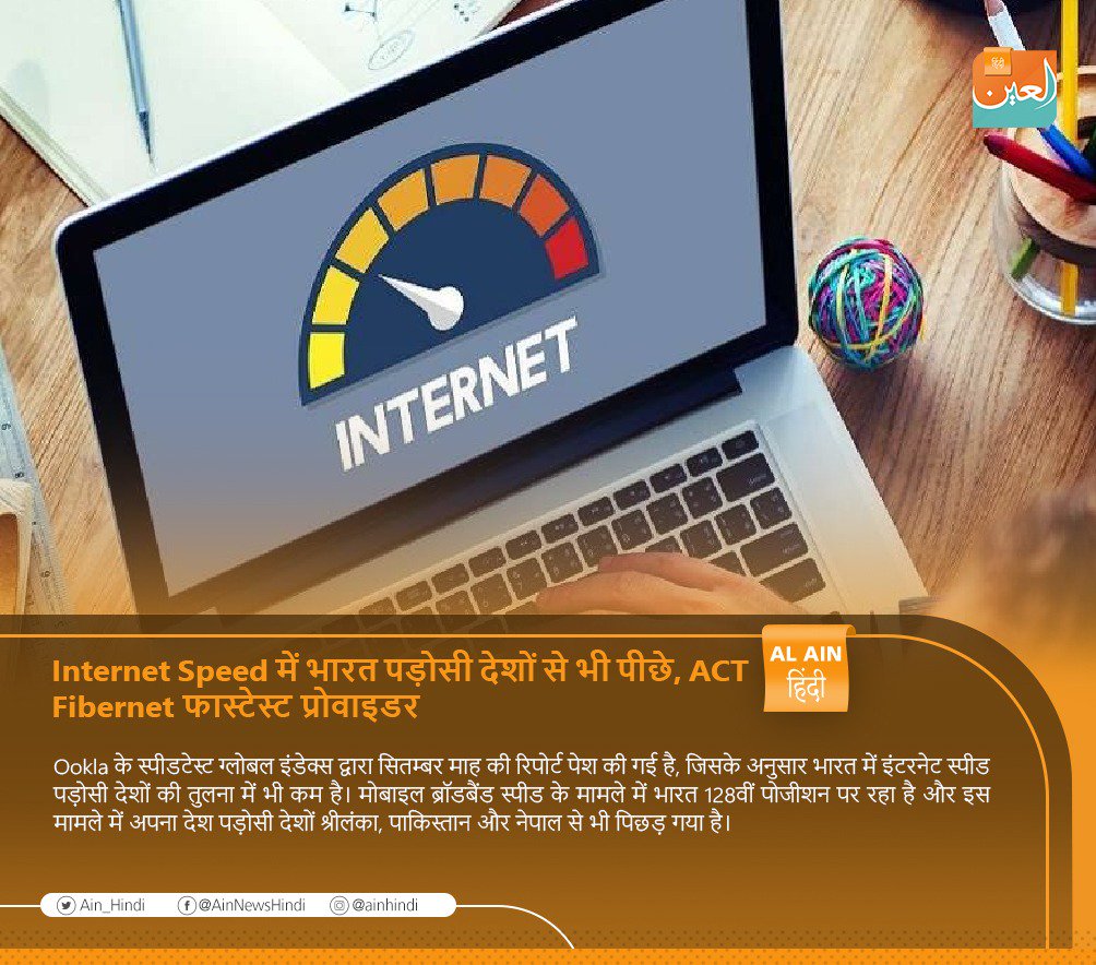 Ain_Hindi's tweet image. #Internet_Speed में #भारत पड़ोसी देशों से भी पीछे, #ACT_Fibernet फास्टेस्ट प्रोवाइडर

#India    
#अलएन_हिंदी