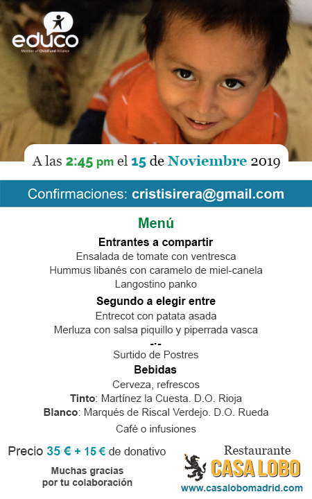 CrisSirera's tweet photo. Si te animas te espero en la comida en Casa Lobo el día 15 de nov a las 2.45 a favor de la organización Educo y obtener becas comedor me encantaría verte allí y a lis niños más xk eso significaría k podrán comer gracias a ti https://t.co/wqMI0nS1Ck