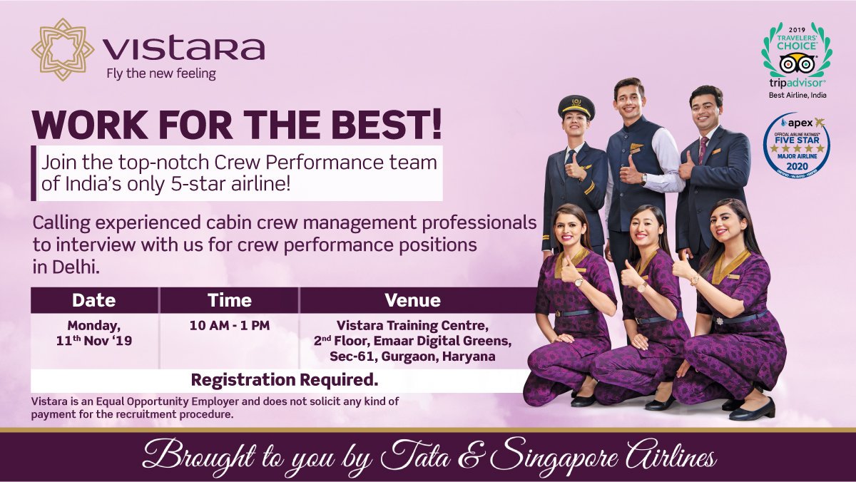 Vistara training centre 2nd floor emaar digital greens sector 61 Uzivatel Vistara Na Twitteru Calling Experienced Cabin Crew Management Professionals To Join Our Crew Performance Team In Delhi Walk Interviews Scheduled On 11th November 2019 In Gurgaon Registration Required Click Here To Know
