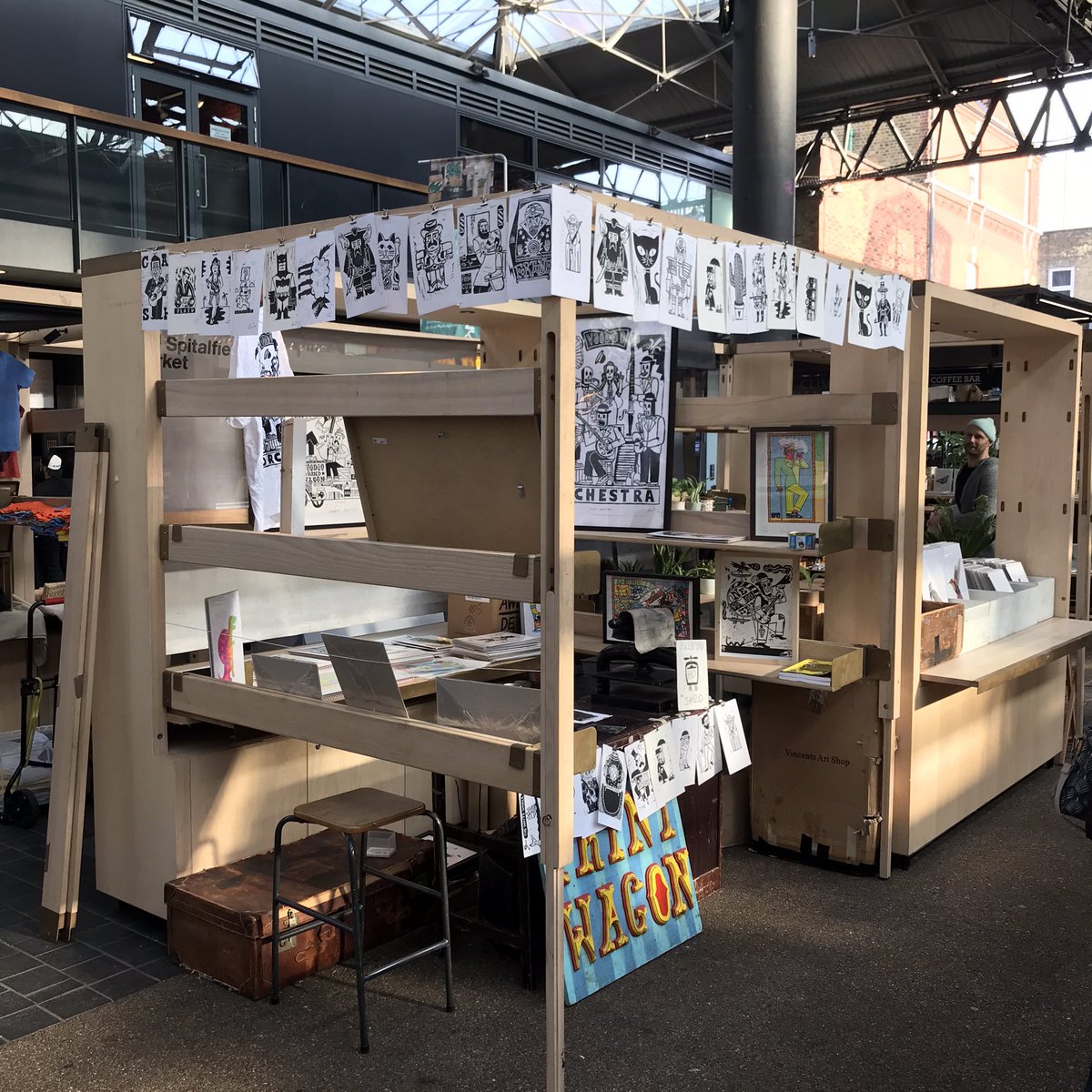 printwagon's tweet photo. So here I am ! Can’t miss me @oldspitalfieldsmarket for @urbanmakers_uk and I’m neighbours with the amazing @brillustrations #illustration #design #print #printmaking #printwagon #handmade #drawing #lino #linocut #london #spitalfields https://t.co/GObzAB0uiT
