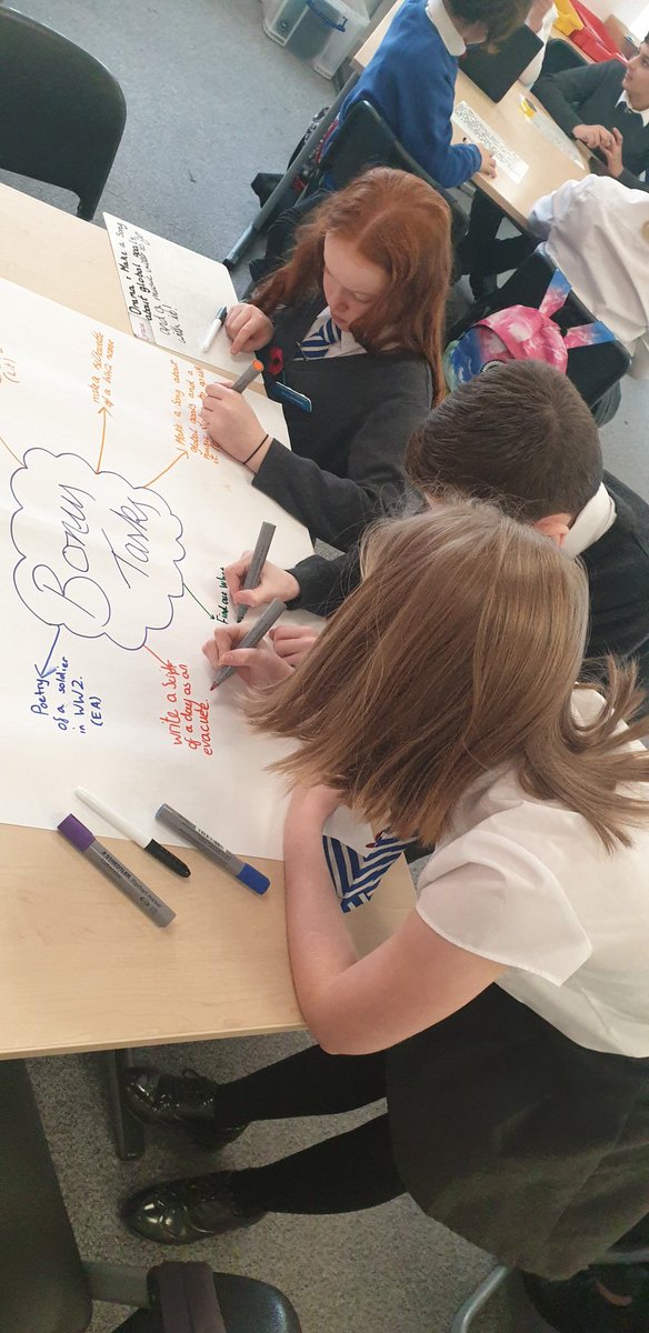 P7Calderwood's tweet photo. Harry & Hassan shared their experience of the #DIYclassroom at @HillviewERC. We loved Hillview's idea of linking the bonus tasks to our WWII focus so we came up with ideas from across the curriculum which develop a range of skills 🌟 #pupilledlearning #sharinggoodpractice https://t.co/ruPNSCXNZD