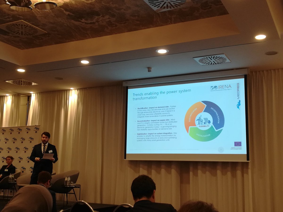 AMWAJAlliance's tweet photo. #MEDREGForum is now taking place in #Brussels, with the participation of #CarlosRuiz @IRENA programme officer. Talking about #energytransition #systemflexibility #energystorage #marketdesign #blockchain. https://t.co/YiJXzAaVTp
