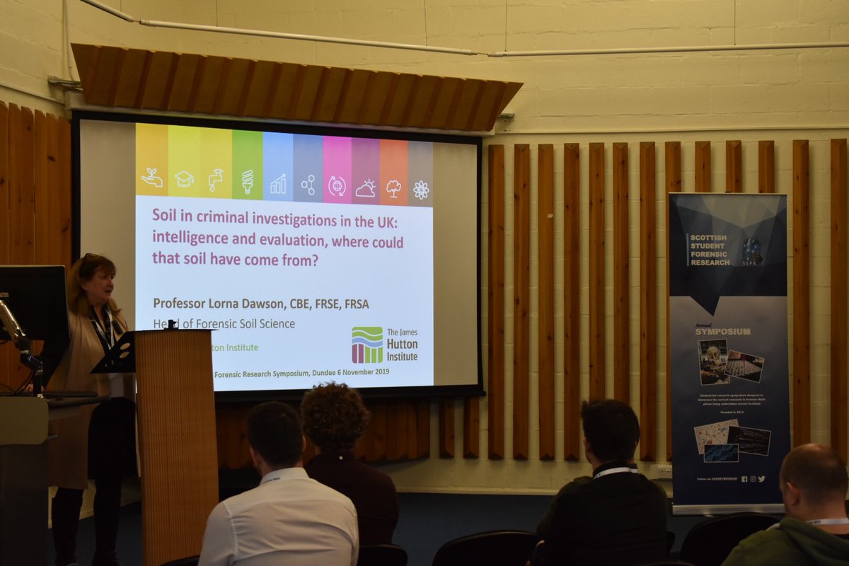 SSFRSymposium's tweet photo. Professor Lorna Dawson, Keynote Speaker at #SSFRS2019 talking about the origins of soil science back to the Romans and the current uses of forensic geoscience evidence. @Soilfit https://t.co/kLMZZ2lGiC