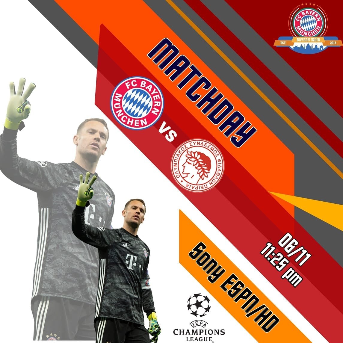 bayernindia's tweet photo. #TelecastAlert
Matchday π₯
It is a #UCL night π₯³
And we face Olympiacos tonight!
Let's back the boys π
MIA SAN MIA π΄βͺ
Telecast details:
πΊ Sony ESPN/HD
β° 11:25 PM IST
π 06th Nov
#FCBOLY #FCBayern #BayernIndia #MiaSanMia #PackMas #UCLNight
@FCBayernEN @FCBayernUS https://t.co/O6m8gYovai