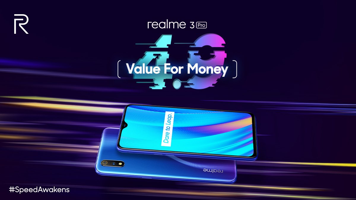 realmeIndia's tweet photo. With the best features at its price, #realme3Pro has been rated 4.9 on @Flipkart in terms of being a value for money smartphone. This truly signifies that it is indeed the #realmeForTheRealYou. 
Know more: https://t.co/NTkJfAzUfU
#SpeedAwakens https://t.co/ClRix4ZZwT