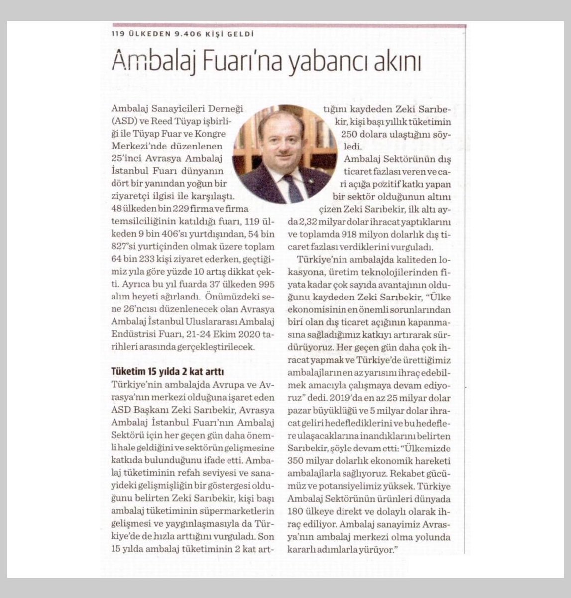 ambalajsanayi's tweet photo. DÜNYA - Ambalaj Fuarı’na yabancı akını / 02.11.2019
#ambalaj #fuar #packaging #tradefair #packagingfair19 @dunya_gazetesi @ambalajsanayi https://t.co/au4wvsJ2vG