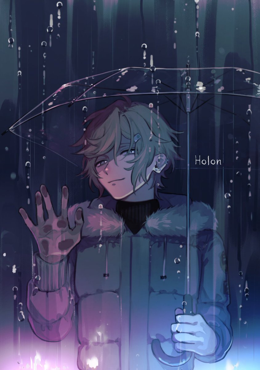 1boy male focus umbrella rain holding transparent solo  illustration images