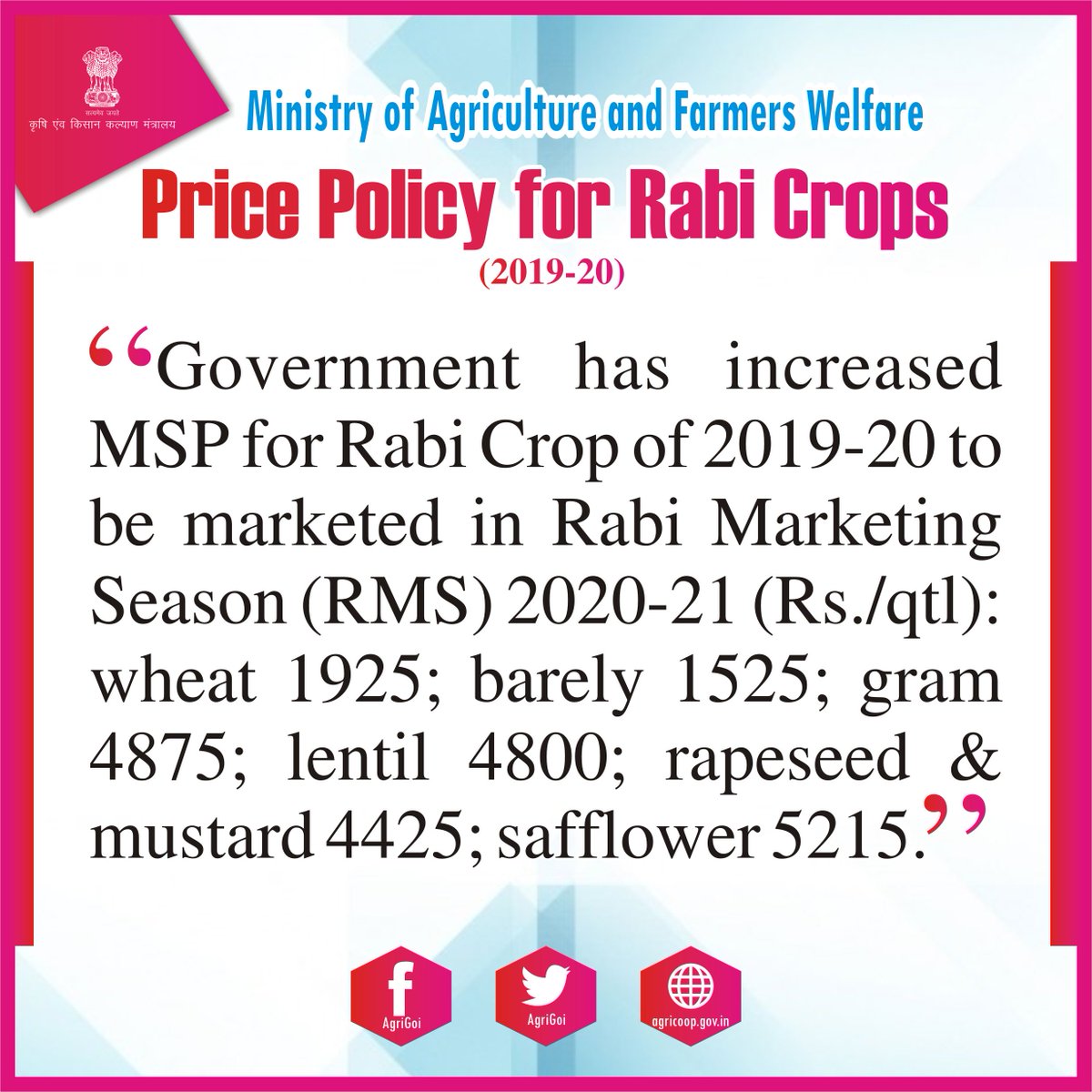 AgriGoI's tweet photo. Price Policy for Rabi Crops (2019-20) https://t.co/4Zyp5GmA8u