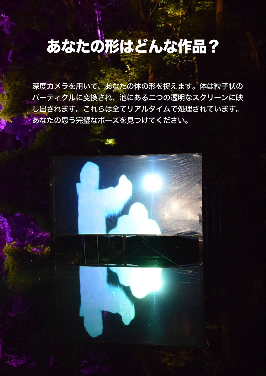 tech_tech2019's tweet image. コンテンツ紹介②
2面のポリットスクリーンです！
パーティクルで映された自分自身は不思議ですね🤔

#techtech2019
#石橋文化センター