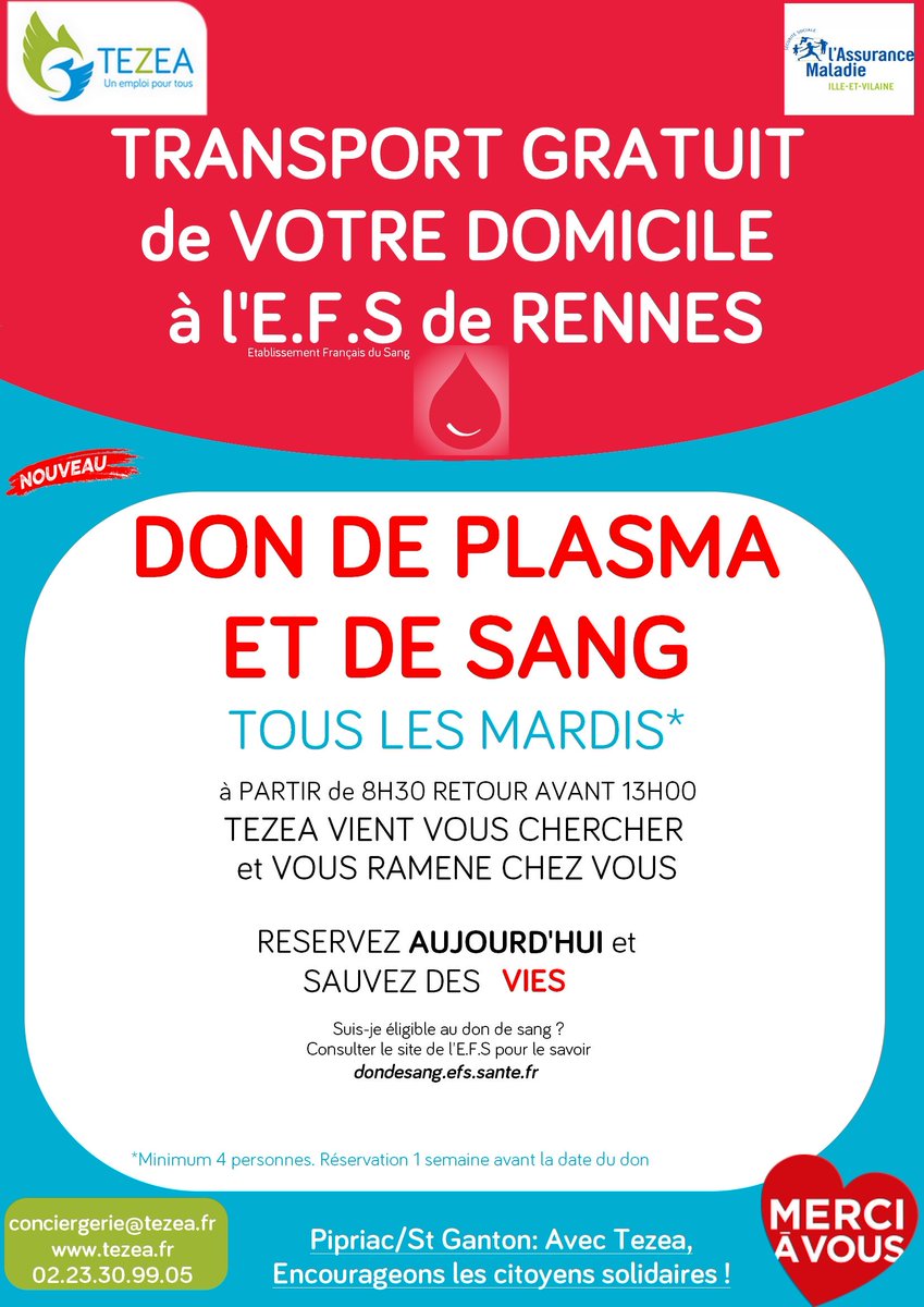 TEZEA2's tweet photo. Transport gratuit vers l'E.F.S pour un don de plasma le mardi 26 novembre #TEZEA #TZCLD https://t.co/g50LAMKhr2