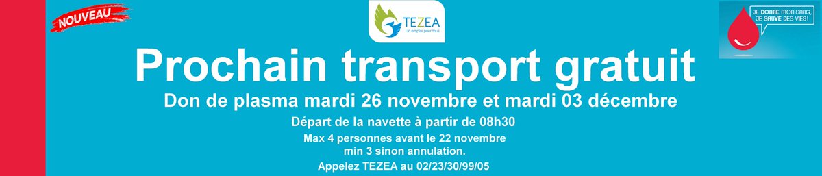 TEZEA2's tweet photo. Transport gratuit vers l'E.F.S pour un don de plasma le mardi 26 novembre #TEZEA #TZCLD https://t.co/g50LAMKhr2