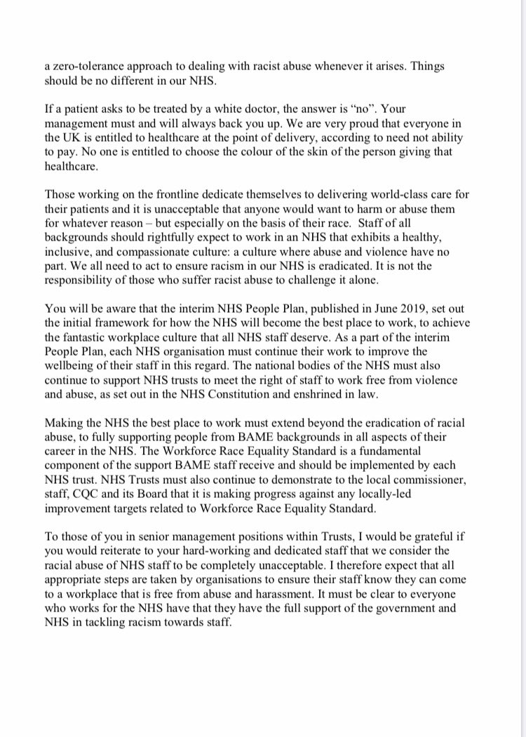 MattHancock's tweet photo. NEW: Racism against NHS staff is completely unacceptable.   

If you or a colleague experience this, call it out &amp; we will support you.

My letter to all NHS staff 👇 https://t.co/5XtuevDCky