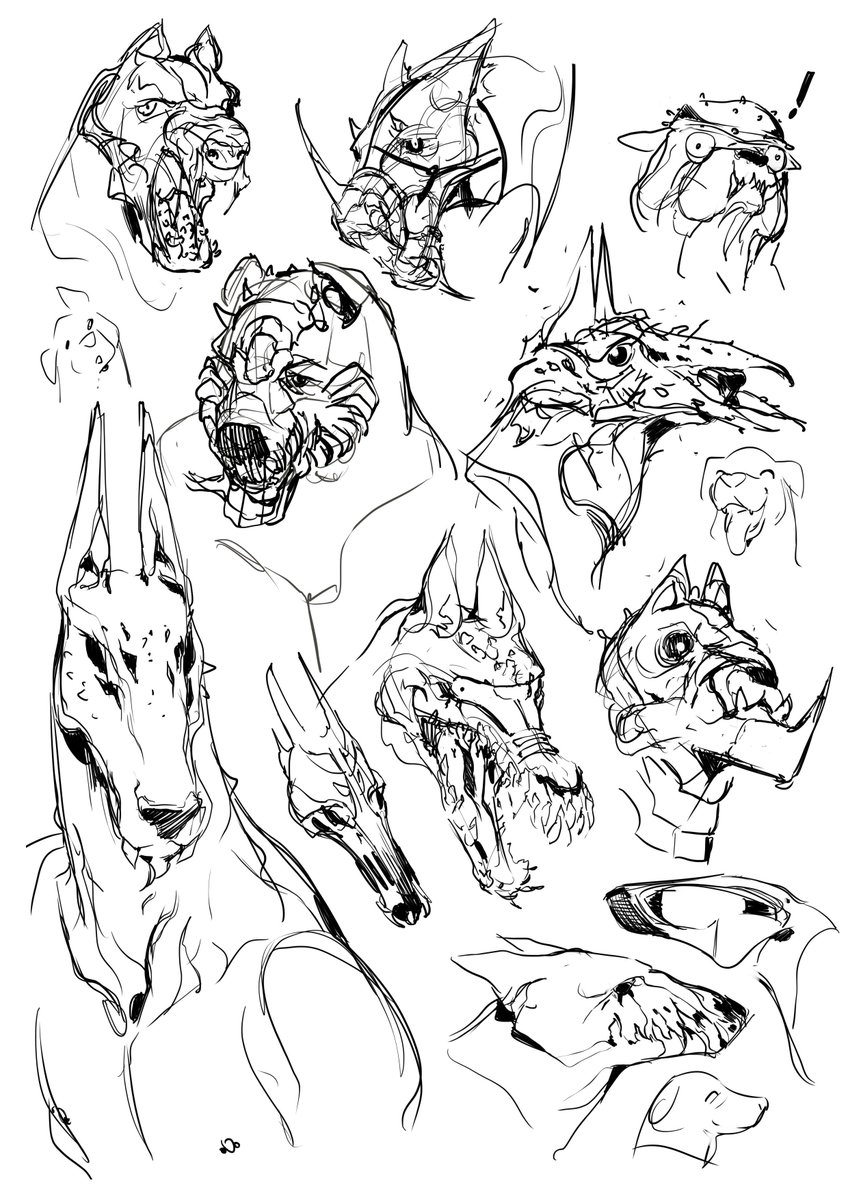 Cooled down from a long day and wrapped up this doodle page of attack dogs #conceptart #creaturedesign 
