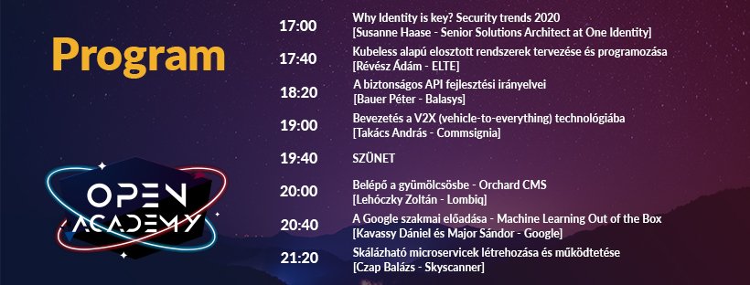 openacademybp's tweet photo. Az alábbi előadásokkal készülünk a november 22-ei Open Aacdemyre.

#openacademy #ITsecurity #API #V2X #CMS #orchard #MachineLearning #microservices #google #skyscanner 
 #oneidentity #ELTE #balasys https://t.co/rBY576C8UH