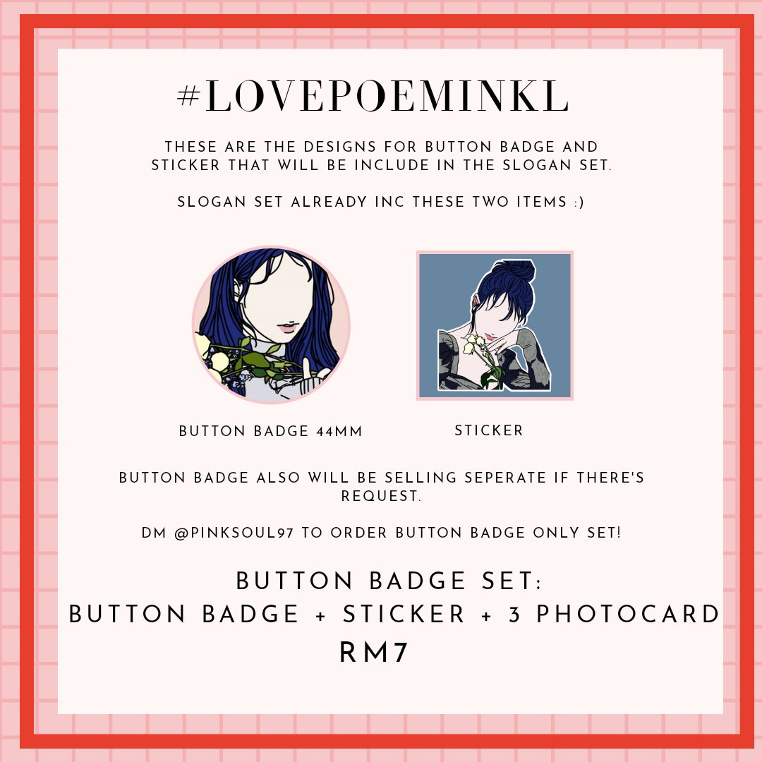 pinksoul97's tweet photo. Here's the design for the Button Badge and sticker that will be included in the slogan set! 💙

We also open for Button badge set only for RM7! Refer poster below

For Button Badge set, dm @pinksoul97 

Any question, dm @pinksoul97

#LovePoeminKL #LovePoeminMY #IULovePoeminKL https://t.co/GZXbWoDb0S