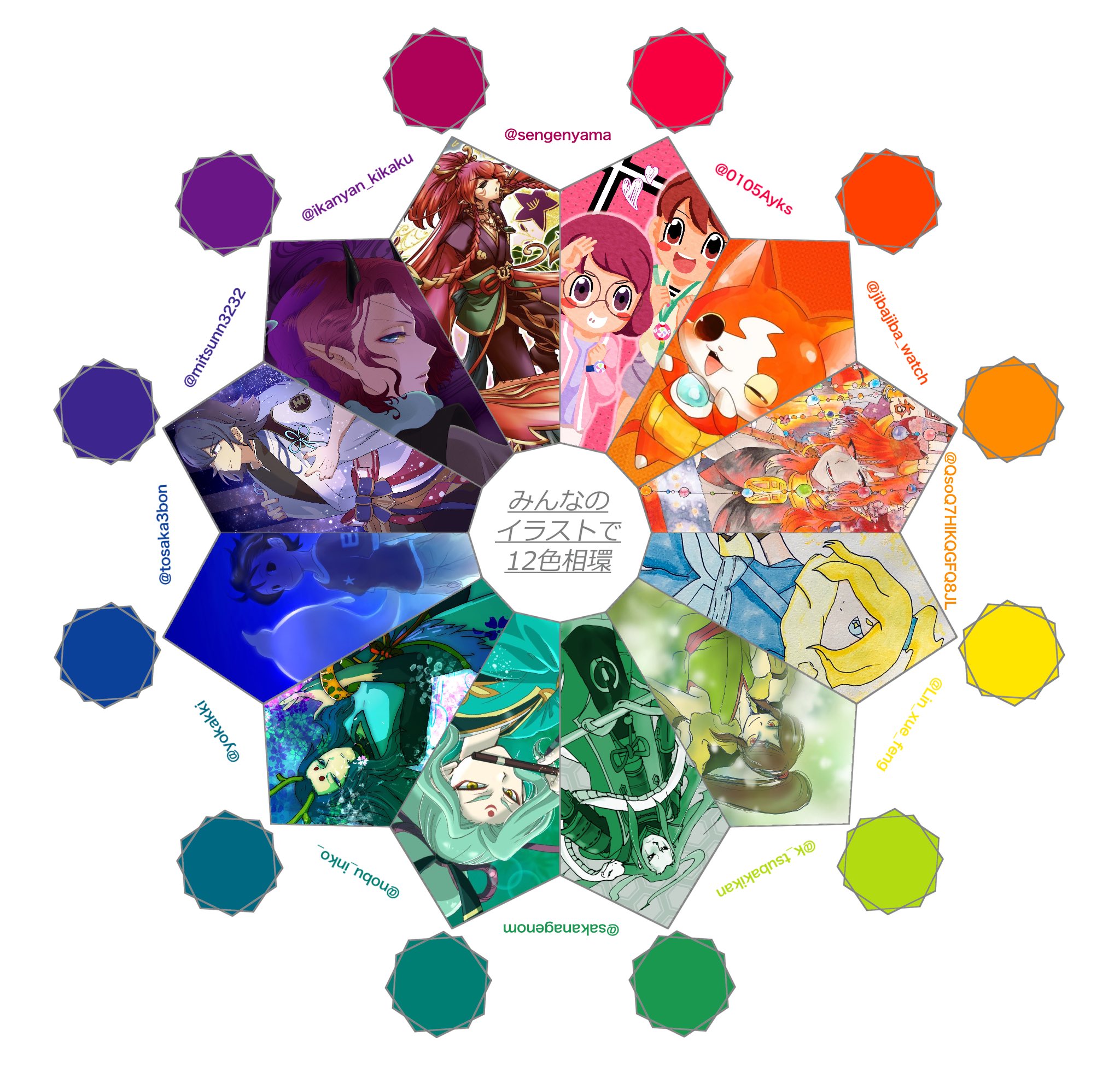 みつん Twitter પર みんなのイラストで12色相環 妖怪ウォッチのキャラクターで12色相環完成しました クオリティの高さに感動しています ご協力いただいた皆様改めてありがとうございました T Co Yp81j43tld Twitter