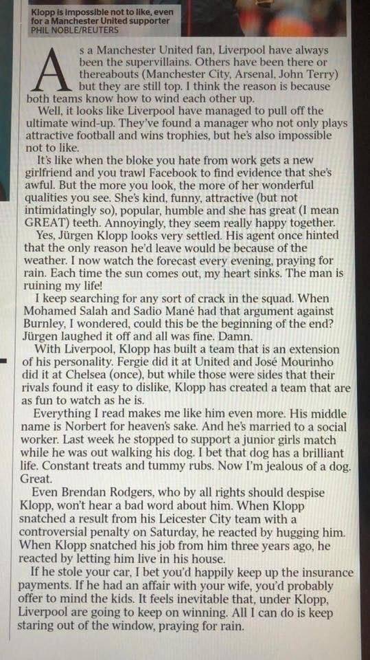 SamanthaQuek's tweet image. This Manchester United Fans letter on Jürgen Klopp is just awesome. 😂

“All I can do is keep staring out of the window, praying for rain...”

#Klopp #LFC #YNWA