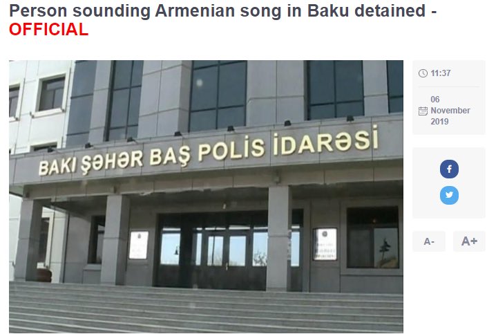 KaloManoukian's tweet photo. Pour mesurer le niveau de stupidité et d’#armenophobie qui règne dans la #dictature d’#Azerbaïdjan.
Un homme arrêté car il écoutait... une chanson arménienne. #MiGna
Ce pays est irrécupérable !
#LandOfTolerance #LOL #Dictatorship @FrAzDialogue https://t.co/99eEXTQRkC
